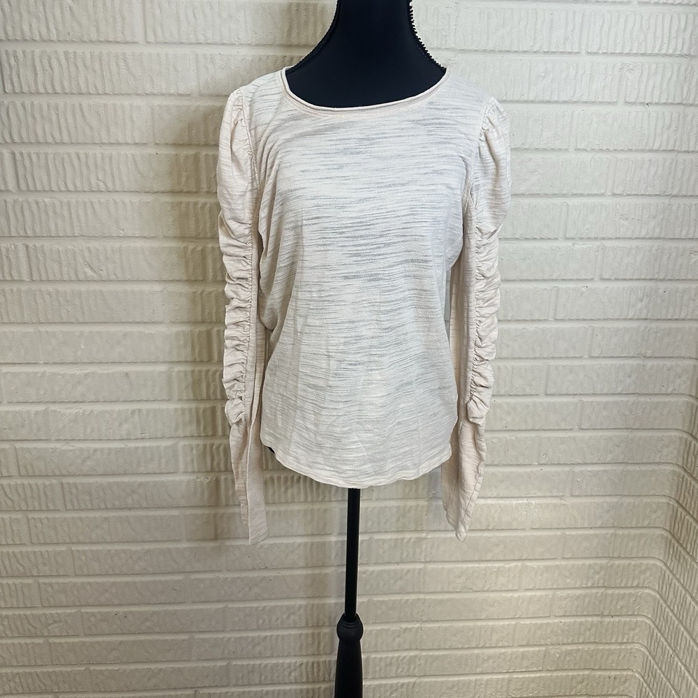 We The Free Beige Shirred Ruched Natasha Long Sleeve Blouse Sz M Puff Sleeve